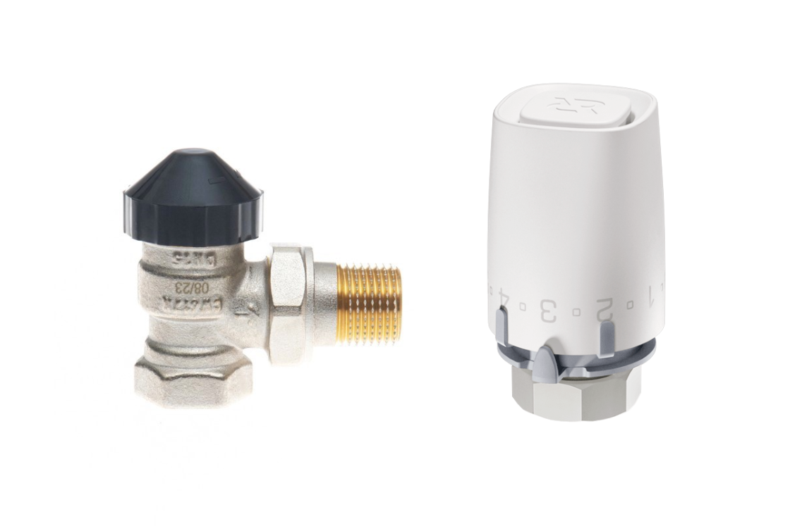 Комплект для двухтрубной системы отопления для радиаторов или конвекторов отопления с боковым подключением: клапан терморегулирующий 013G7015R (Ду20, угловой) + термостатический элемент 003G9001R (присоединение М30х1,5)