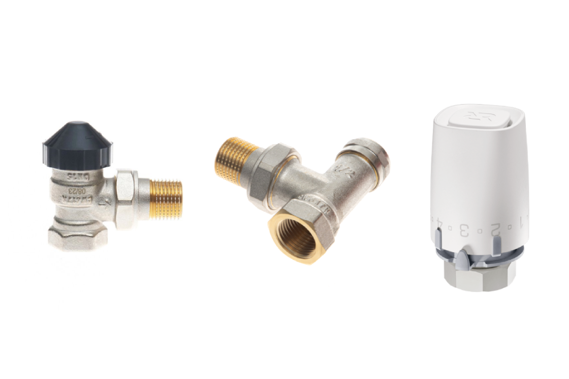 Комплект для двухтрубной системы отопления: клапан терморегулирующий 013G7015R + клапан запорный угловой 003L0145R + термостатический элемент 003G9001R (присоединение М30х1,5)