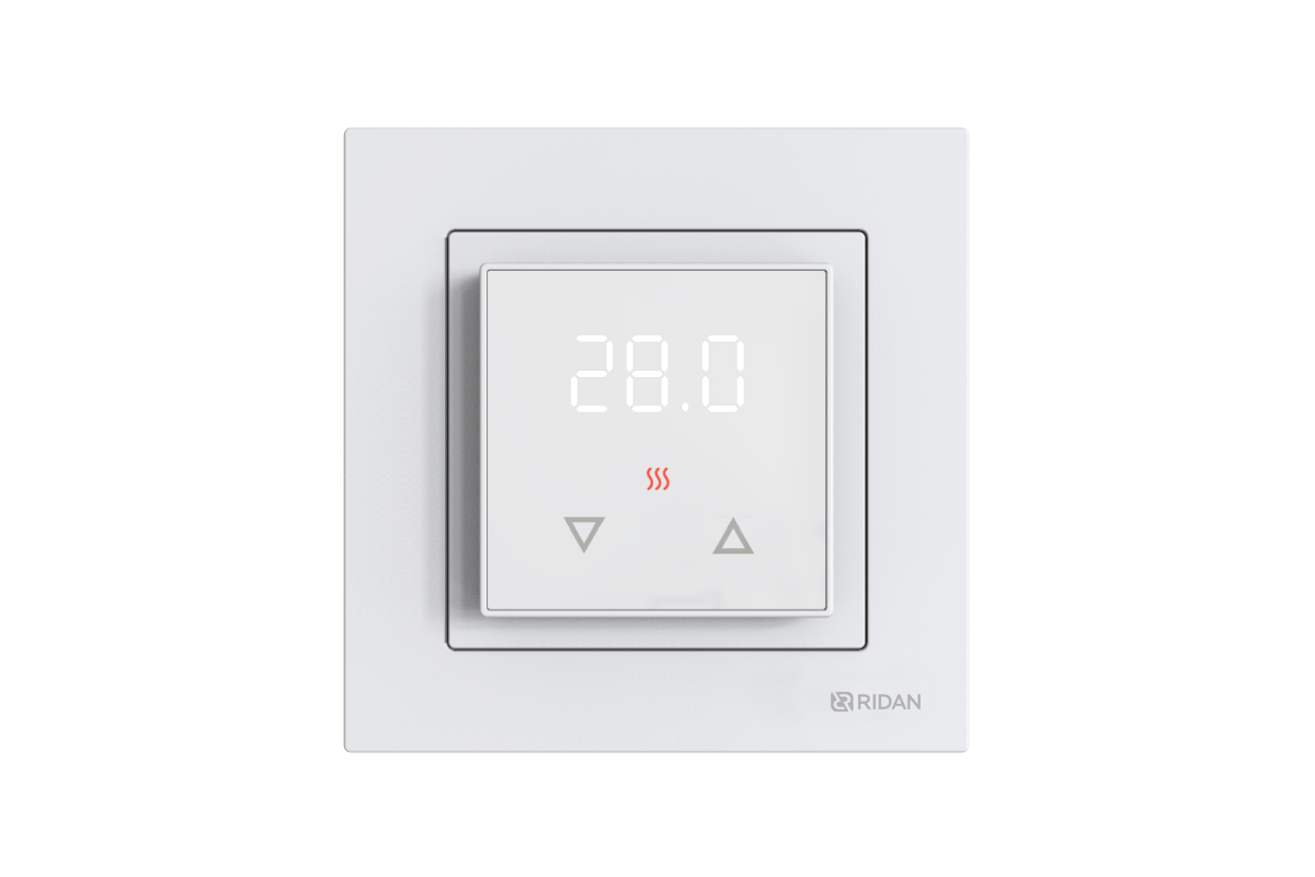 21RT0103R — Терморегулятор Ridan Room, белый, IP 21, размеры 84 x 84 x 50 мм, диапазон регулирования температуры 5...40 °С
